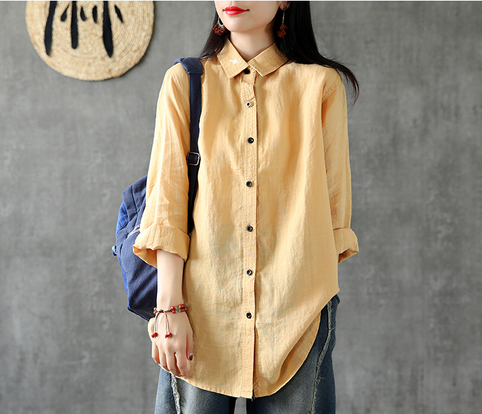 Long Sleeve Spring Summer Women Casual Blouse Cotton Linen Shirts