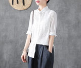 Hollow out Embroidery Length Sleeve Summer Women Casual Blouse Cotton Linen Shirts Tops