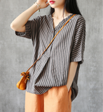 Summer Women Casual Blouse Cotton Linen Shirts Striped Women Tops