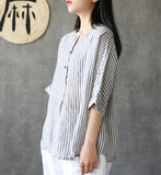 Summer Women Casual Blouse Cotton Linen Shirts stripes Women Tops