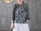 Patterned Summer Women Casual Blouse Cotton Linen Shirts Tops DZA2007133