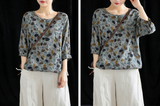 Knitted Patterned Women Casual Blouse Cotton Linen Shirts Tops