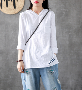 Hooded Length Sleeve Summer Women Casual Blouse Cotton Linen Shirts  Women Tops