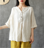 Summer Women Casual Blouse Cotton Linen Shirts stripes Women Tops