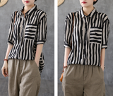 Striped Summer Women Casual Blouse Cotton  Linen Shirts Tops