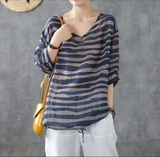 Striped Summer Women Casual Blouse  Linen Shirts Tops