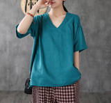 Short Sleeve Summer Women Casual Blouse Linen Shirts Tops