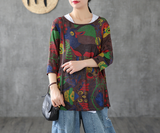 Patterned Summer Women Casual Blouse Cotton Linen Shirts Tops DZA2007132