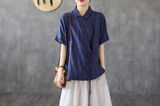 Plaid Summer Women Casual Blouse Cotton  Linen Shirts Tops