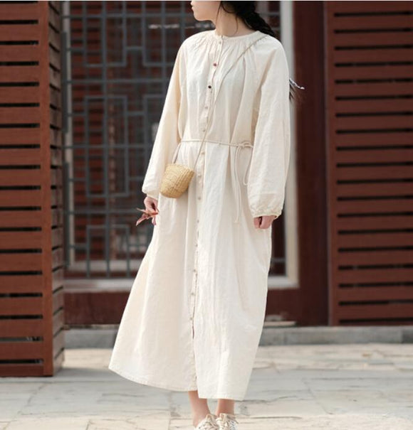 White Linen Long Sleeve Dress Loose Women Dress SJP9201229