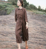 Coffee linen Loose Long Sleeve Shirt Autumn Women Linen Dresses 9092