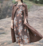 Coffee linen Loose Long Sleeve Shirt Autumn Women Linen Dresses 9092