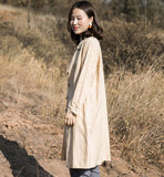 Khaki Linen Loose Long Sleeve Shirt Autumn Women Linen Dresses S90921