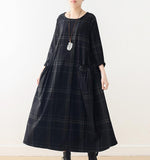 Plaid Spring Cotton Linen Loose Long Dresses Plus Size AMT962328
