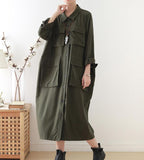 Army Green Buttons Spring Cotton Loose Long Dresses Plus Size AMT962328