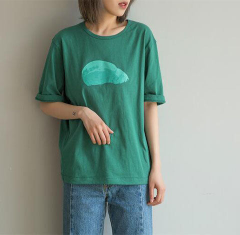 bstract Print Green Women Cotton Tops Summer Women Short Sleeves T-Shirts Tops