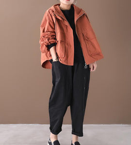 Draw String Hooded Loose Short Casual Coat A line Parka Plus Size Coat Jacket