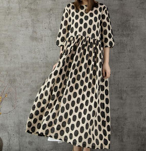Dot Spring Linen Cotton Women Dresses 3/4 Sleeves O Neck Dresses CH950 – SimpleLinenLife