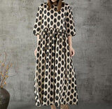 Dot Spring Linen Cotton Women Dresses 3/4 Sleeves O Neck Dresses CH9505