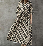 Dot Spring Linen Cotton Women Dresses 3/4 Sleeves O Neck Dresses CH9505