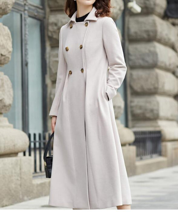 Double Breast Waist Belt Cashmere Coat Handmade Long Warm Long Women Wool Coat Jacket