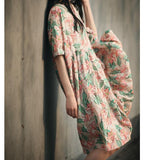 Loose  Floral Linen Short  Sleeve Dress Women Dress SJP9201229