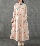 Floral Long Sleeve Summer Spring Cotton Linen Women loose Dresses