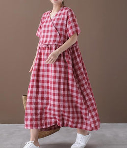 Red Checked O Neck Women Dresses Casual Linen Women Dresses Short Sleeve SSM97215