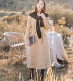 Khaki Linen Women Dress V Neck Long Sleeve Women Linen Dresses S90921