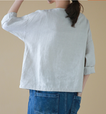 Stiching Round Neck Long Sleeves Shirts Loose Casual Linen Spring Women Tops SXM97299
