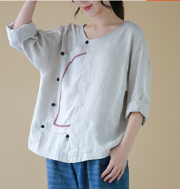 Stiching Round Neck Long Sleeves Shirts Loose Casual Linen Spring Women Tops SXM97299