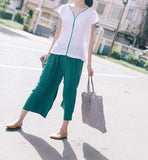 Green Linen Wide Leg Women Casual Pants SJ97235