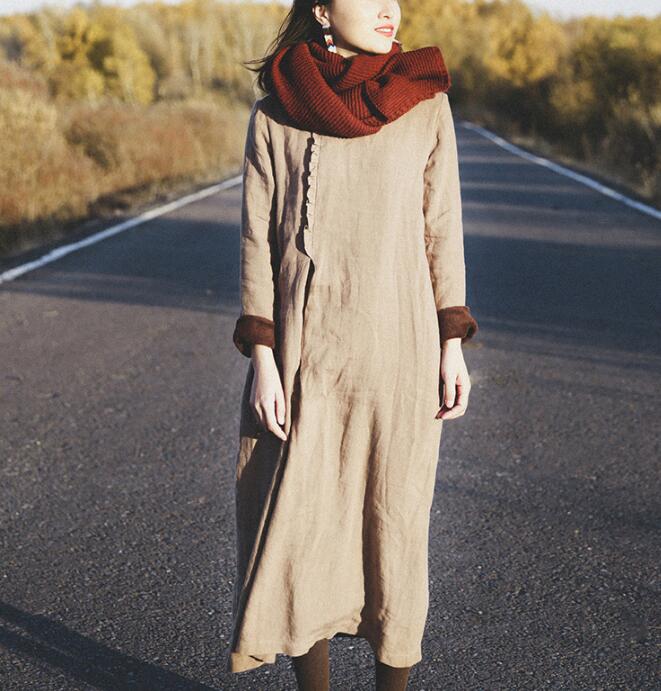 winter linen dresses BeaUTT Brilliant Winter Dresses for Women Clearance Women Round Neck Long Sleeved Pleated Solid Cotton Linen Loose Fitting Dress Gray L, Women's, Size