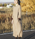 kahki Linen Women Dresses Long Sleeve Women Linen Dresses Fleece Lining S90921