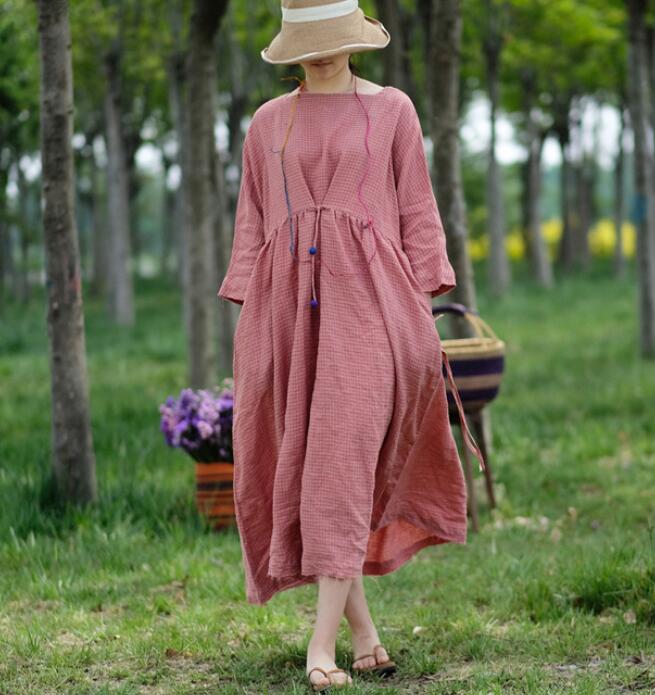 Pink Plaid Linen Long Sleeve Dress Loose Women Dress SJP9201229 Pink Plaid Linen Long Sleeve Dress Loose Women Dress SJP9201229