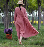 Pink Plaid Linen Long Sleeve Dress Loose Women Dress SJP9201229