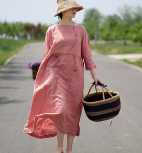 Pink Plaid Linen Long Sleeve Dress Loose Women Dress SJP9201229