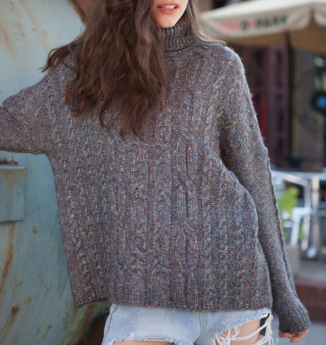 High Collar Long Sleeve loose Style Women Tops Woolen Knit Sweater