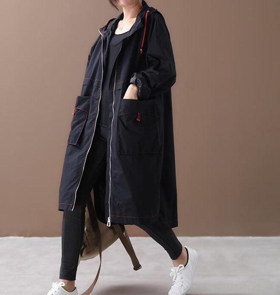Side Slit Loose Spring Women Casual Coat Hooded Trench Coat