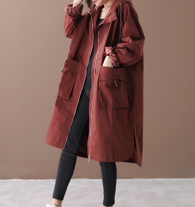 Side Slit Loose Spring Women Casual Coat Hooded Trench Coat Plus