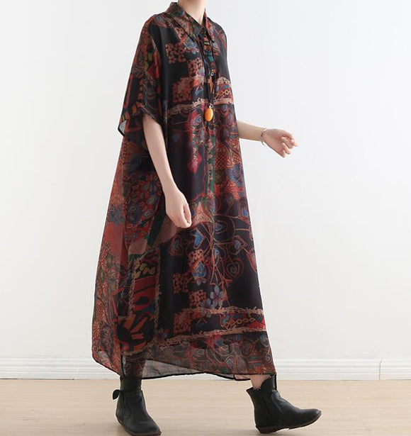 Chiffon Polo Collar Print Loose Long Women Dresses Plus Size AMT962328