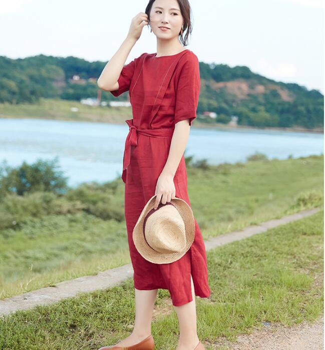 Slit Red Linen Women Dress O Neck Half Sleeve Women Linen Dresses S909 –  SimpleLinenLife