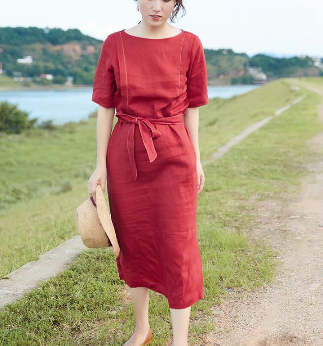 Slit Red Linen Women Dress O Neck Half Sleeve Women Linen Dresses S909 –  SimpleLinenLife
