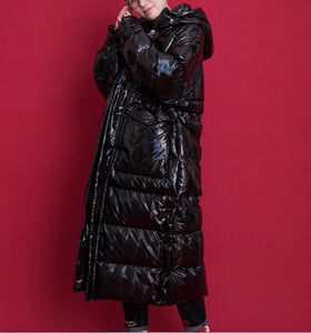 Shiny Black Long Women Winter Plus size Side Pockets Down Jacket Women Down Coats Any Size