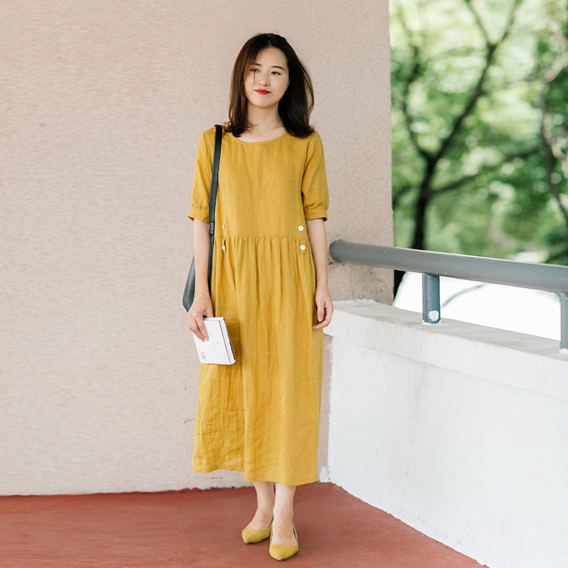 Yellow Linen Women Dresses Puff Sleeves O Neck Midi Summer Women Dress – SimpleLinenLife