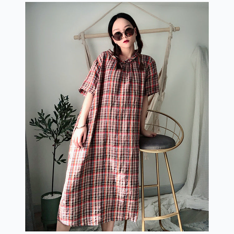 Plaid Loose Short Sleeve Summer Dresses PZ97212  SimpleLinenLife