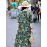 Floral 100% Linen Women Dresses Spring Summer Women Dresses With Waistline SMM96203