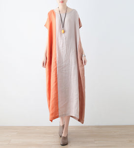 Women Loose Fitting Linen Dresses Khaki And Orange Summer Casual Irreg SimpleLinenLife Women Loose Fitting Linen Dresses Khaki And Orange Summer Casual Irreg SimpleLinenLife