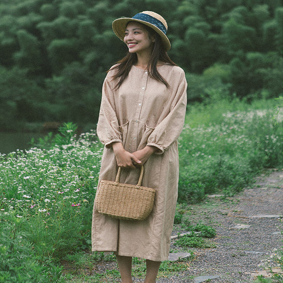 khaki Puff Dress Summer Casual Button Women Linen Dresses Long Seelve SimpleLinenLife khaki Puff Dress Summer Casual Button Women Linen Dresses Long Seelve SimpleLinenLife