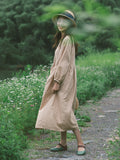 khaki Puff Dress Summer Casual  Button Women Linen Dresses Long Seelve Dress ZF98407